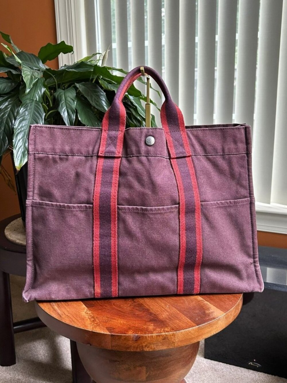 HERMES Canvas Herline Tote, Burgundy, Rouge